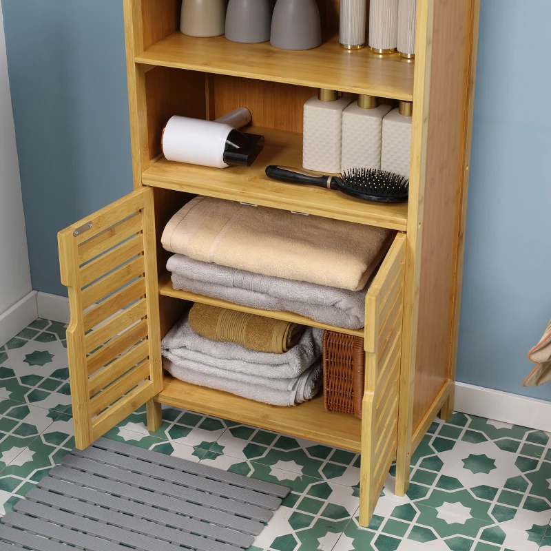kleankin Bamboo Bathroom Cabinet with Louvered Doors, 2 Shelves, 1 Cabinet, 50 cm x 29 cm x 92 cm, Natural