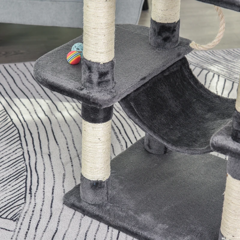 PawHut kattenboom kattenhuis hangmat met sisalpalen pluchen speelbal, donkergrijs