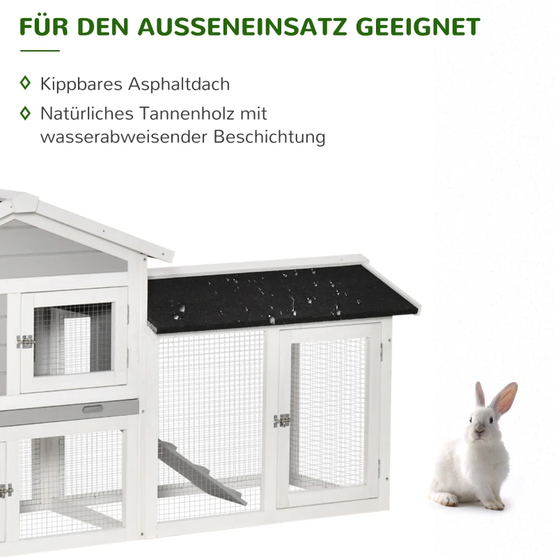 PawHut konijnenhok hok voor kleine huisdieren 1 ren aan weerszijden van het hoofdverblijf met kooi met asfaltdak konijnenren loopplank afsluitbare deuren vurenhout metaal grijs + wit + zwart 227 x 53 x 85 cm