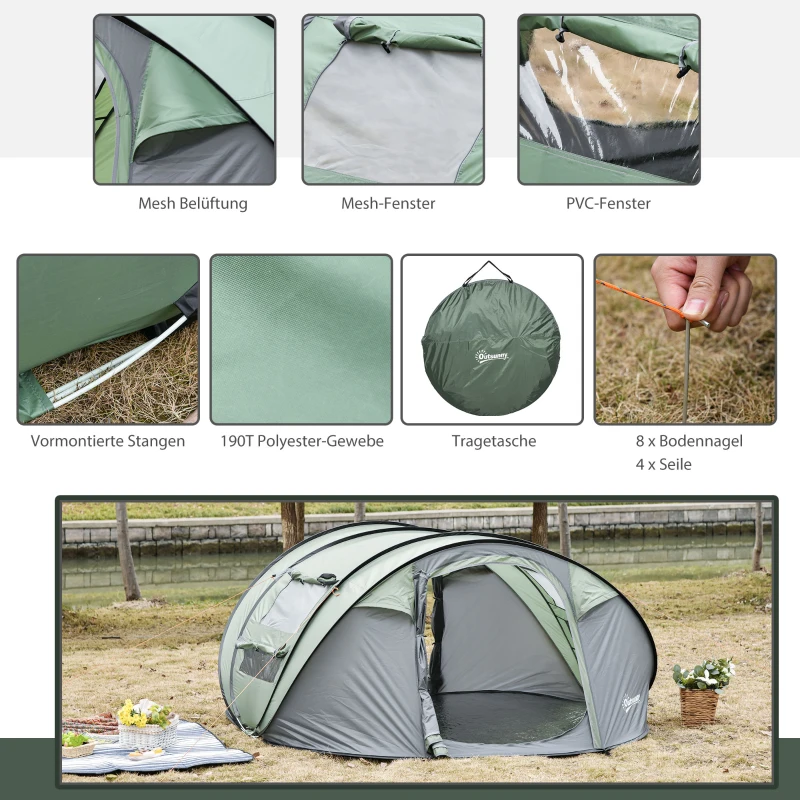 Outsunny Tent voor 4-5 personen, kampeertent met haringen, koepeltent, polyester, groen