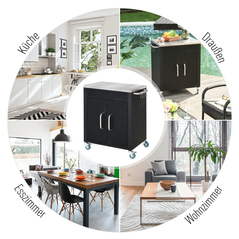 HOMCOM Keukeneiland met wielen, 86x50x84,5cm, keukenwagen voor gezinskeuken, zwart