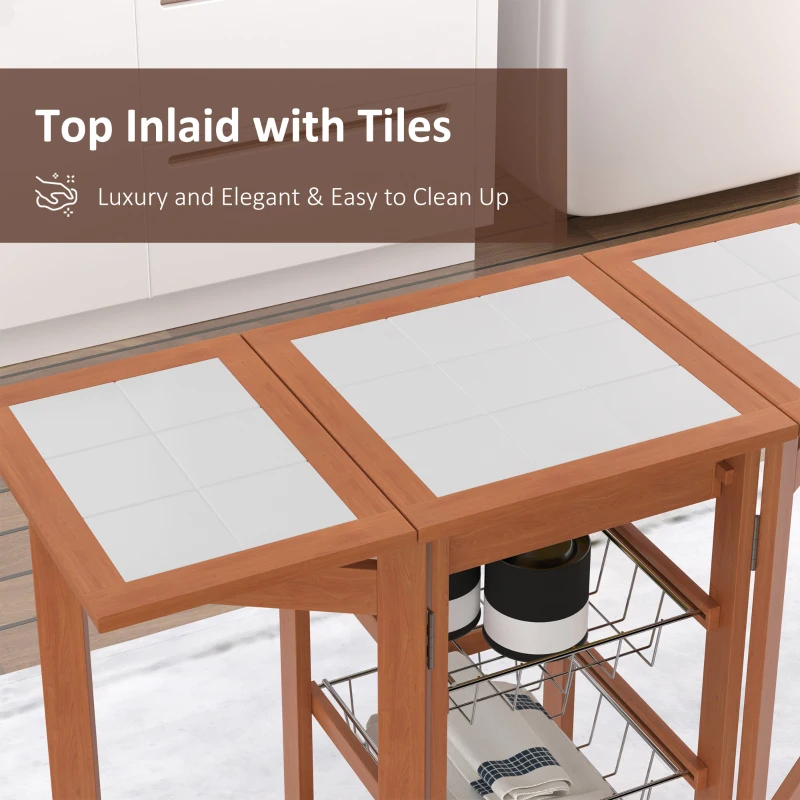 HOMCOM Kitchen Cart Rolling Trolley Wooden Storage Shelves Fruit Vegetable Mobile Freestanding Table Wine Rack Tile Top w/ 6 Wheels & 2 Metal Baskets & 1 Drawer