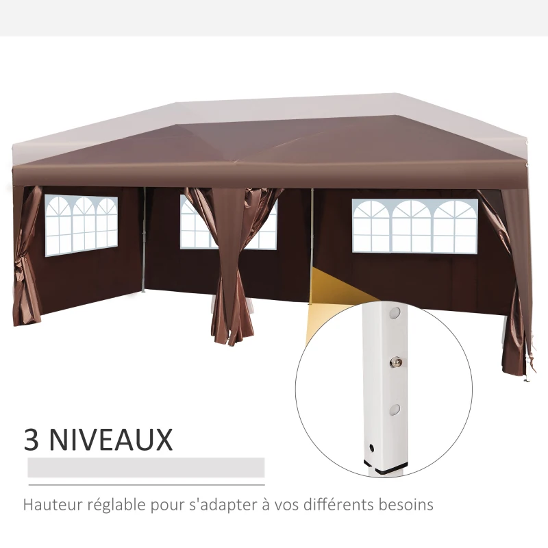 Outsunny Tonnelle Barnum Pliant Pop-up 6L x 3l x 2,5H m 6 parois latérales Amovibles 4 fenêtres + Sac de Transport Chocolat