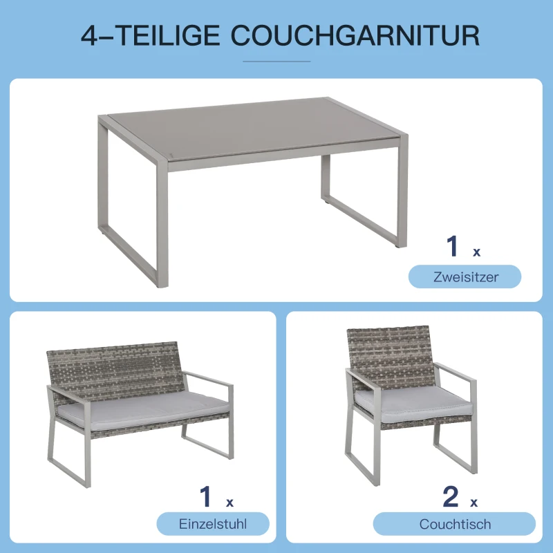 Outsunny Vierdelige tuinset, bank, zitkussen, salontafel, staal grijs