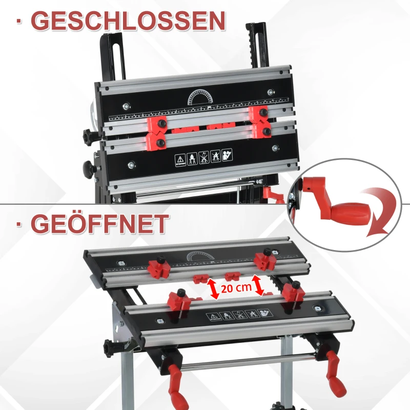 HOMCOM  Werktisch Spanntisch Werkbank mit den Kurbelarmen 100 kg Belastbarkeit Arbeitstisch Arbeitsplatte höhenverstellbarer Tisch Metall Aluminium Silber+Schwarz+Rot 60 x 59 x 77-107 cm