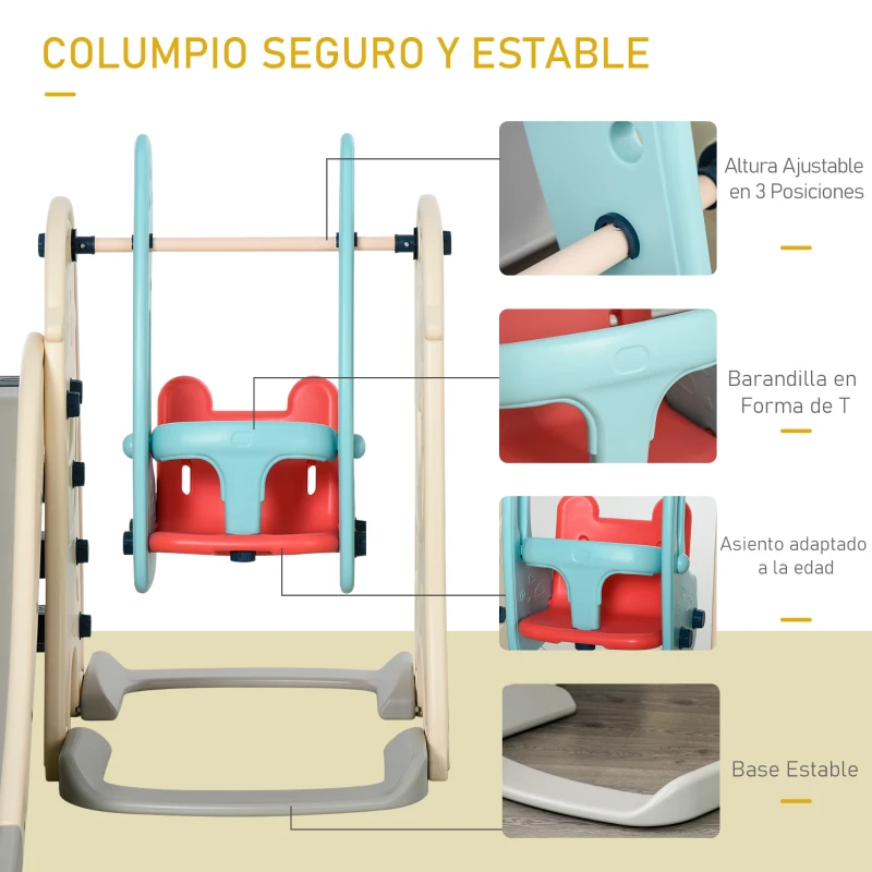HOMCOM Tobogán y Columpio para Niños 5 en 1 con 2 Canastas Baloncesto y Portería Fútbol para Niños de 18-48 Meses Parque Infantil Interior y Exterior 220x225x110 cm Multicolor