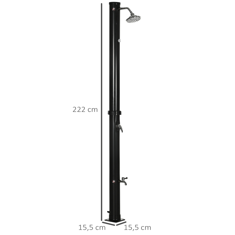 Outsunny Duche Solar de Jardim 20L Duche de Exterior com Cabeçal Redondo Torneira de Água Quente Máximo 60℃ 15,5x15,5x222 cm Preto