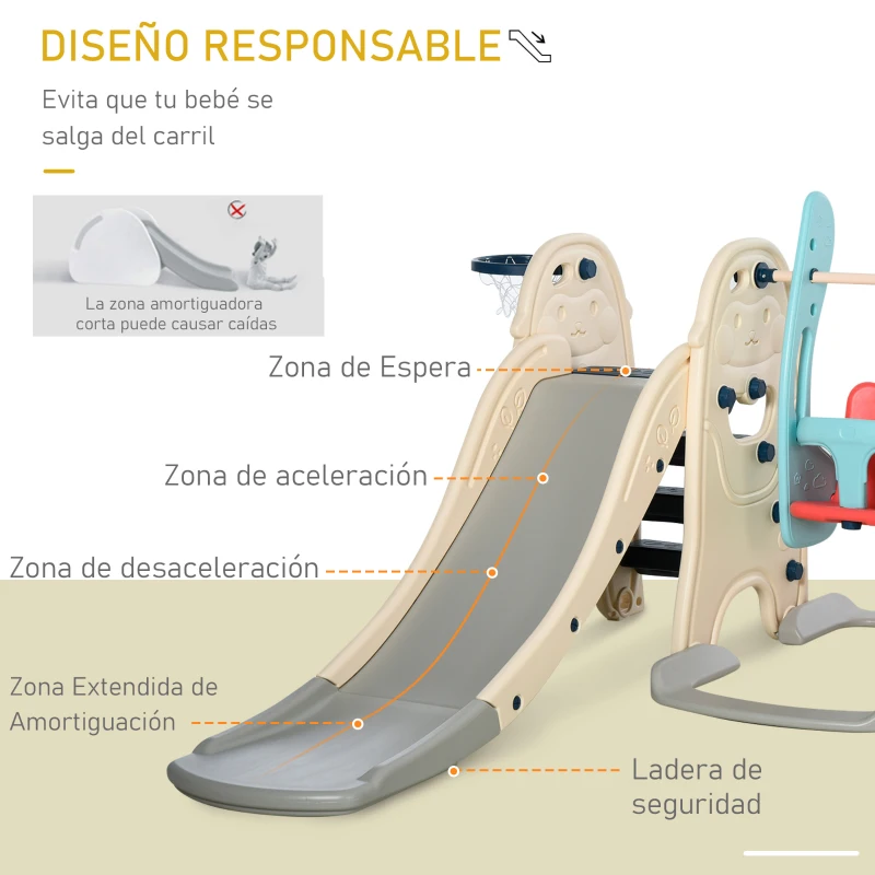 HOMCOM Tobogán y Columpio para Niños 5 en 1 con 2 Canastas Baloncesto y Portería Fútbol para Niños de 18-48 Meses Parque Infantil Interior y Exterior 220x225x110 cm Multicolor