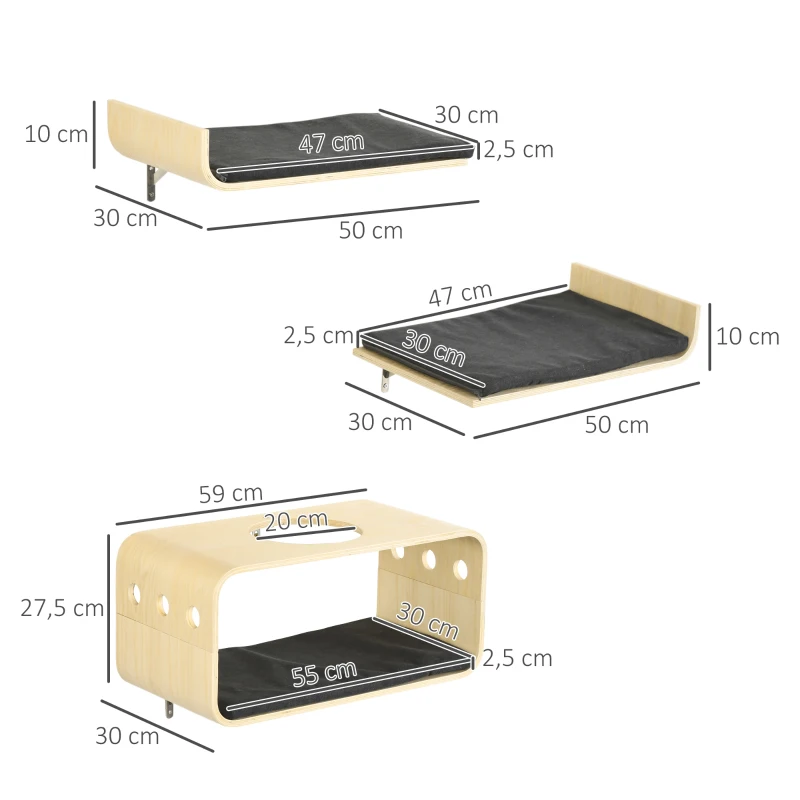 PawHut Ścianka wspinaczkowa dla kotów, zestaw 3 schodków dla kotów, drabinka dla kotów z poduszką, kolor naturalny