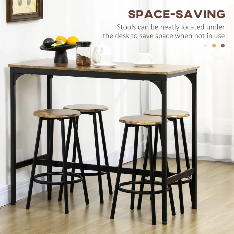 HOMCOM Set de masa si scaune de bar 5 piese, Masa industriala cu economie de spatiu si 4 scaune rotunde de bar cu cadru metalic pentru bar, sufragerie, Maro rustic