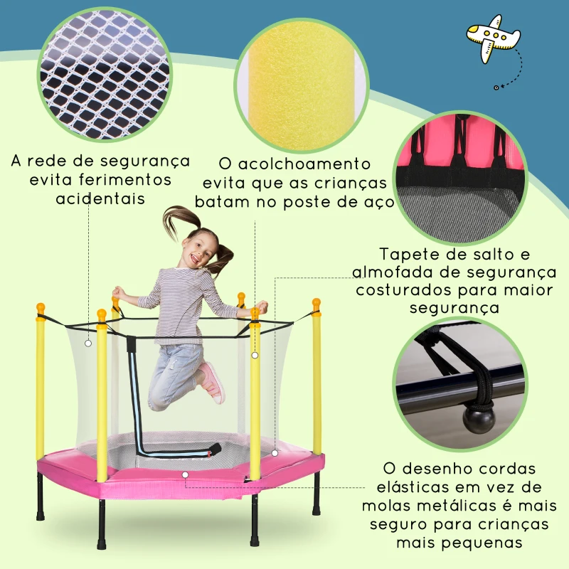 ZONEKIZ Trampolim para Crianças 95x85 cm com Rede de Segurança trampolim Infantil para Crianças de 3-6 Anos 122x122x97 cm Rosa
