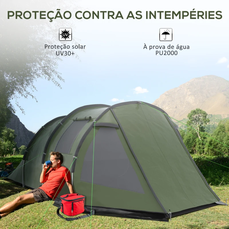 Outsunny Tenda de Campismo para 3-4 Pessoas Impermeável PU2000 mm com Proteção UV30+ Janelas e Bolsa de Transporte 475x264x172 cm Verde