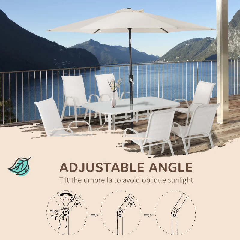 Outsunny Set de Mobilier de Gradina 8 Piese, Masa de Gradina cu Scaune, Umbrela de Soare cu Inclinare Reglabila, Aluminiu, Alb Crem