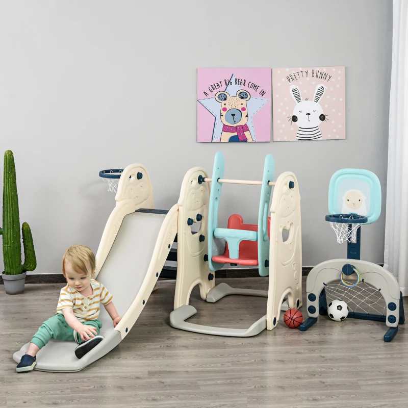 HOMCOM Tobogán y Columpio para Niños 5 en 1 con 2 Canastas Baloncesto y Portería Fútbol para Niños de 18-48 Meses Parque Infantil Interior y Exterior 220x225x110 cm Multicolor