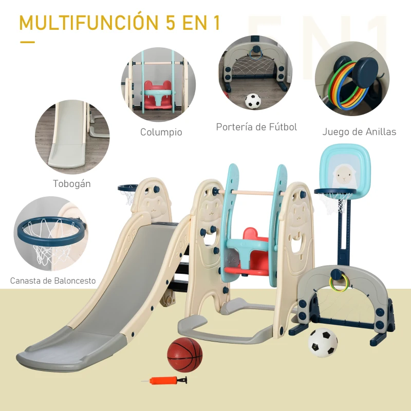 HOMCOM Tobogán y Columpio para Niños 5 en 1 con 2 Canastas Baloncesto y Portería Fútbol para Niños de 18-48 Meses Parque Infantil Interior y Exterior 220x225x110 cm Multicolor
