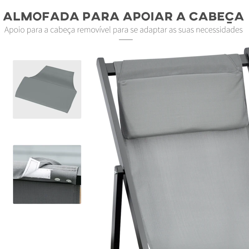 Outsunny Conjunto de 2 Espreguiçadeiras Dobráveis com Encosto Reclinável em 5 Posições e Apoio para a Cabeça 58x96,5x91,5 cm Cinza