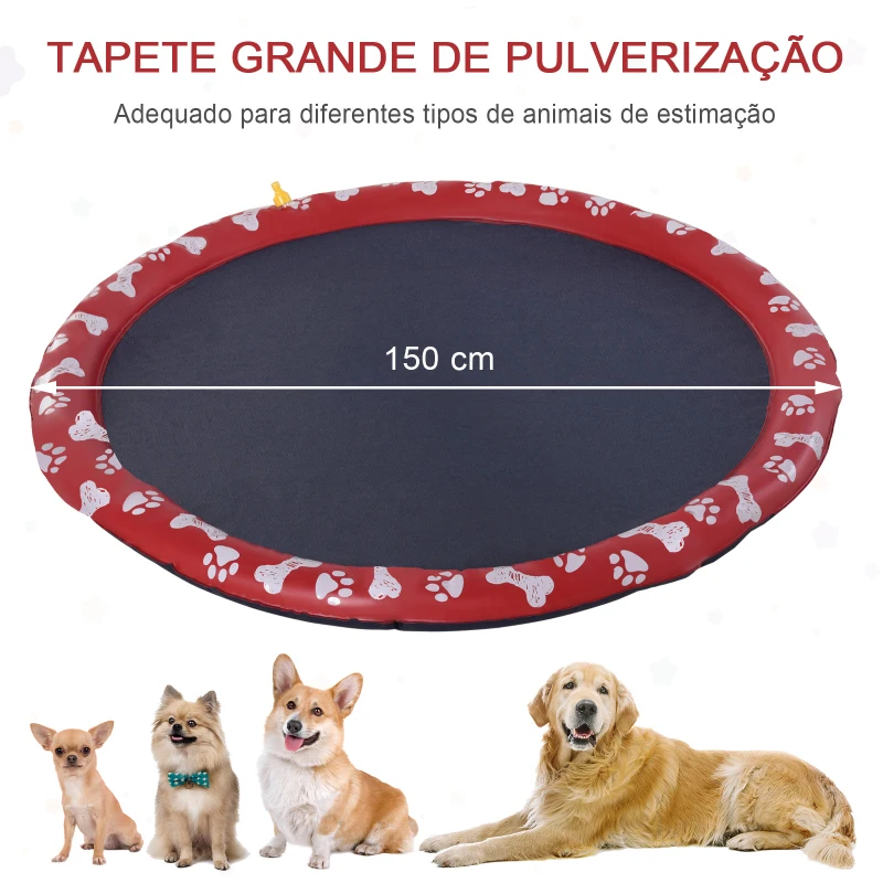 PawHut Tapete Aquático para Animais de Estimação com Pulverizador de Água Piscina Portátil para Cães Ø150 cm Vermelho