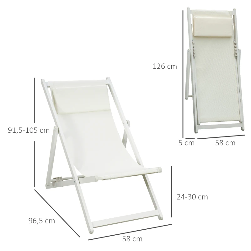 Outsunny Conjunto de 2 Espreguiçadeiras Dobráveis com Encosto Reclinável em 5 Posições e Apoio para a Cabeça 58x96,5x91,5 cm Branco