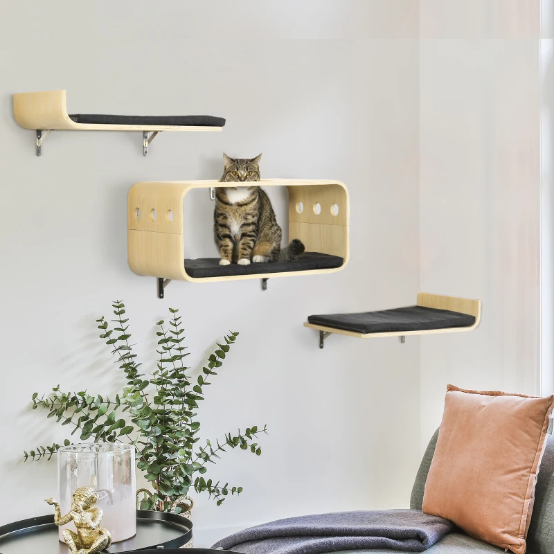 PawHut Ścianka wspinaczkowa dla kotów, zestaw 3 schodków dla kotów, drabinka dla kotów z poduszką, kolor naturalny