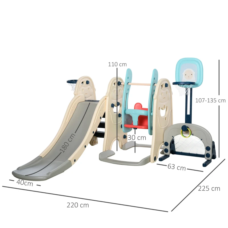 HOMCOM Tobogán y Columpio para Niños 5 en 1 con 2 Canastas Baloncesto y Portería Fútbol para Niños de 18-48 Meses Parque Infantil Interior y Exterior 220x225x110 cm Multicolor
