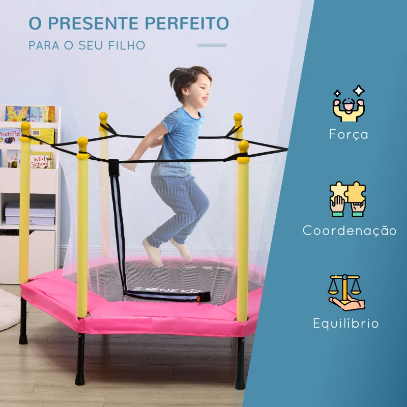 ZONEKIZ Trampolim para Crianças 95x85 cm com Rede de Segurança trampolim Infantil para Crianças de 3-6 Anos 122x122x97 cm Rosa