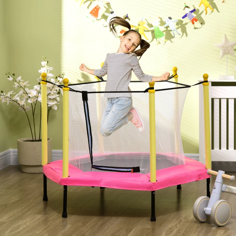 ZONEKIZ Trampolim para Crianças 95x85 cm com Rede de Segurança trampolim Infantil para Crianças de 3-6 Anos 122x122x97 cm Rosa