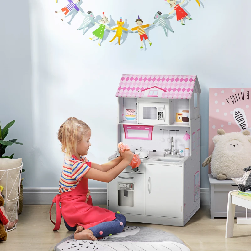 HOMCOM Kinder Puppenhaus und Kinderküche aus Holz  2-in-1 Spielküche Dollhouse 3 Etagen mit Möbel und Zubehör 3 Jahre+ Rosa Kiefer MDF 60 x 48 x 106 cm