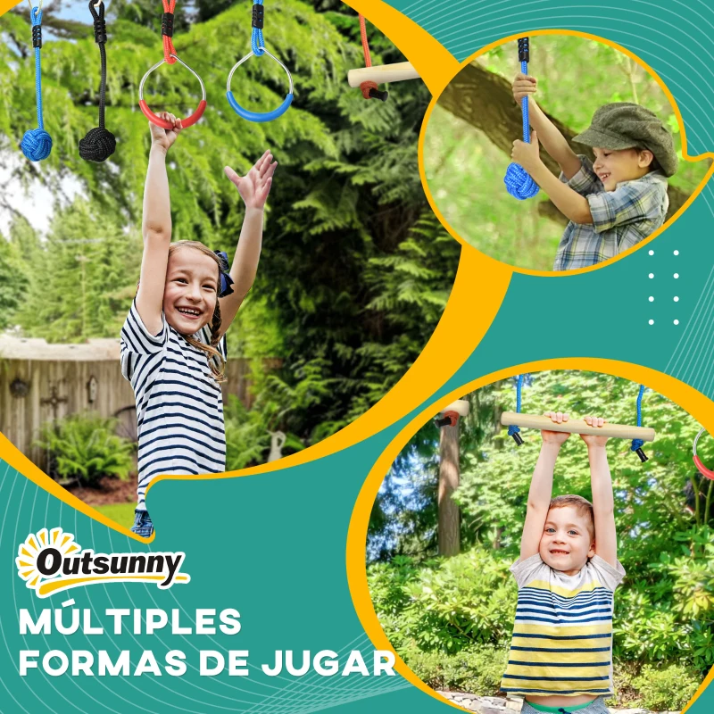 Outsunny Carrera de Obstáculos Ninja para Patio de Niños Slackline de 10 m con Barras de Mono Anillos de Gimnasia Protector de Árboles