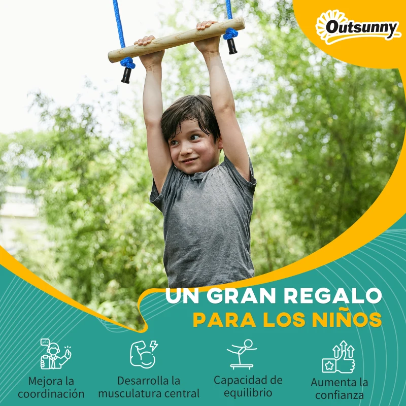 Outsunny Carrera de Obstáculos Ninja para Patio de Niños Slackline de 10 m con Barras de Mono Anillos de Gimnasia Protector de Árboles