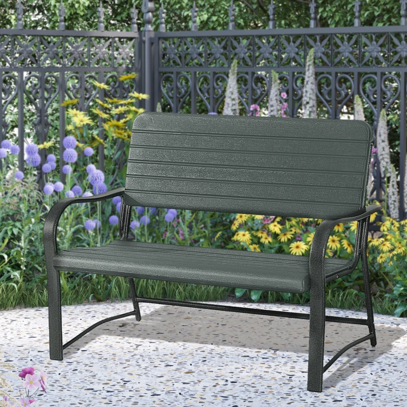 Outsunny Metal Frame 2 Seater Bench-Black, Atrovirens Slat
