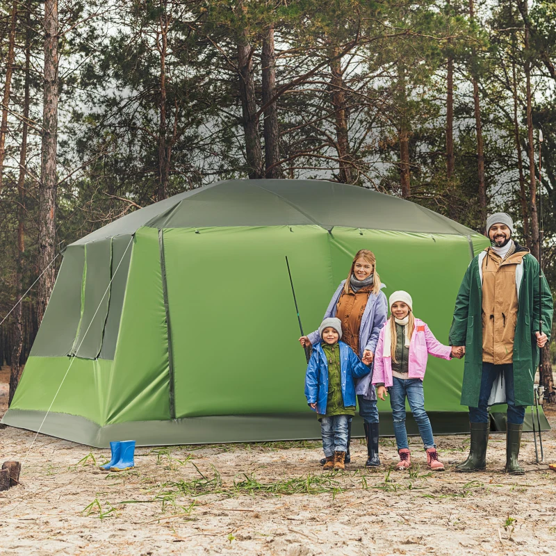 Outsunny Tenda de Campismo Familiar para 4 Pessoas Tenda de Campismo Portátil Impermeável com Bolsa de Transporte Rede Mosquiteira e Proteção Solar 410x-310x225cm Verde