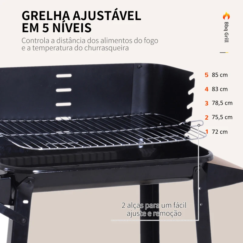 Outsunny Barbecue a Carvão com Grelha Ajustável em Altura Prateleiras e Rodas para Jardim Exterior Campismo 83x45x87 cm Preto