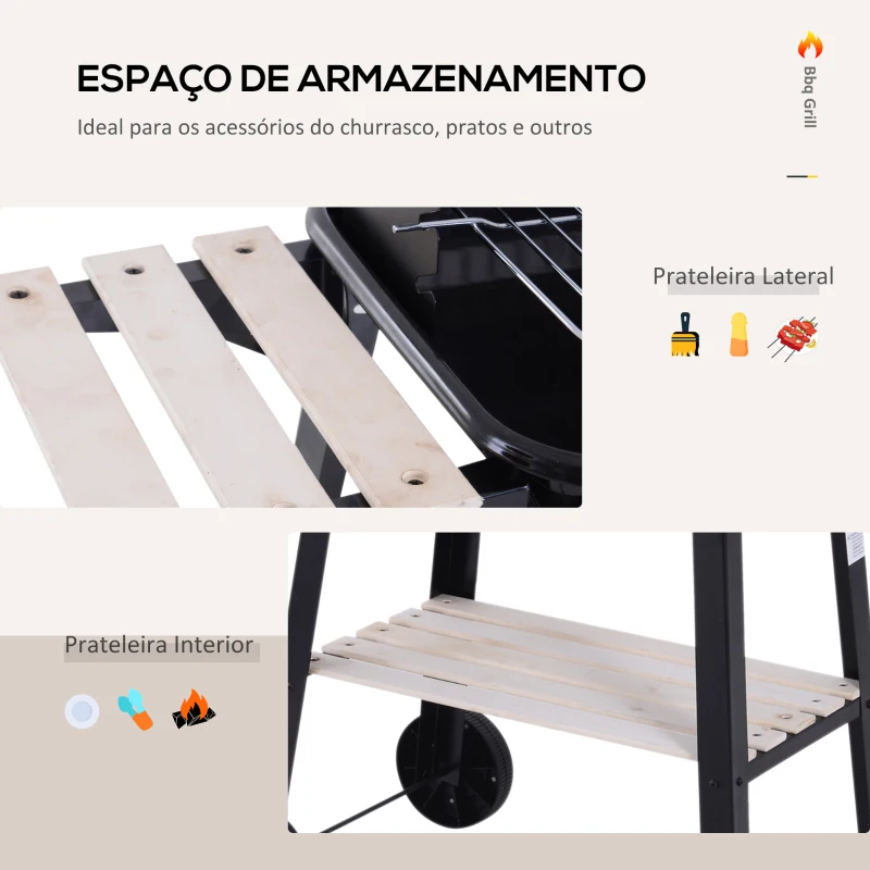 Outsunny Barbecue a Carvão com Grelha Ajustável em Altura Prateleiras e Rodas para Jardim Exterior Campismo 83x45x87 cm Preto