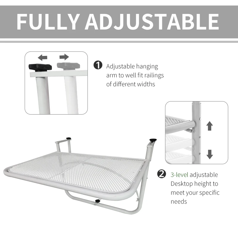Outsunny Adjustable Balcony Hanging Rail Table Mini Wall Desk Drink Holer - White