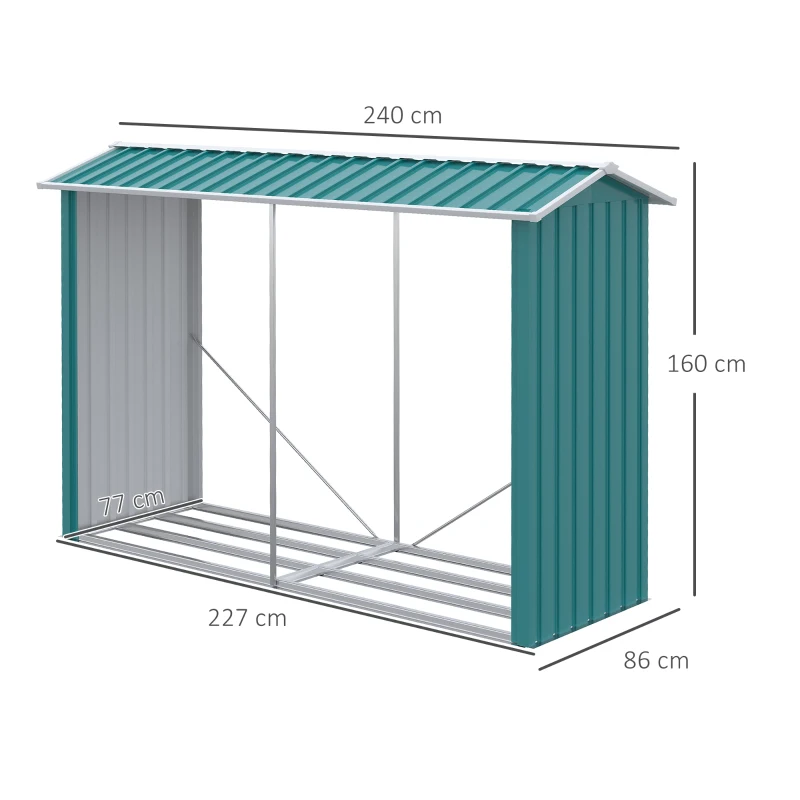 Outsunny Abrigo para Lenhas de Aço Galvanizado com Teto Inclinado para Jardim Varanda Pátio 240x86x160 cm Verde