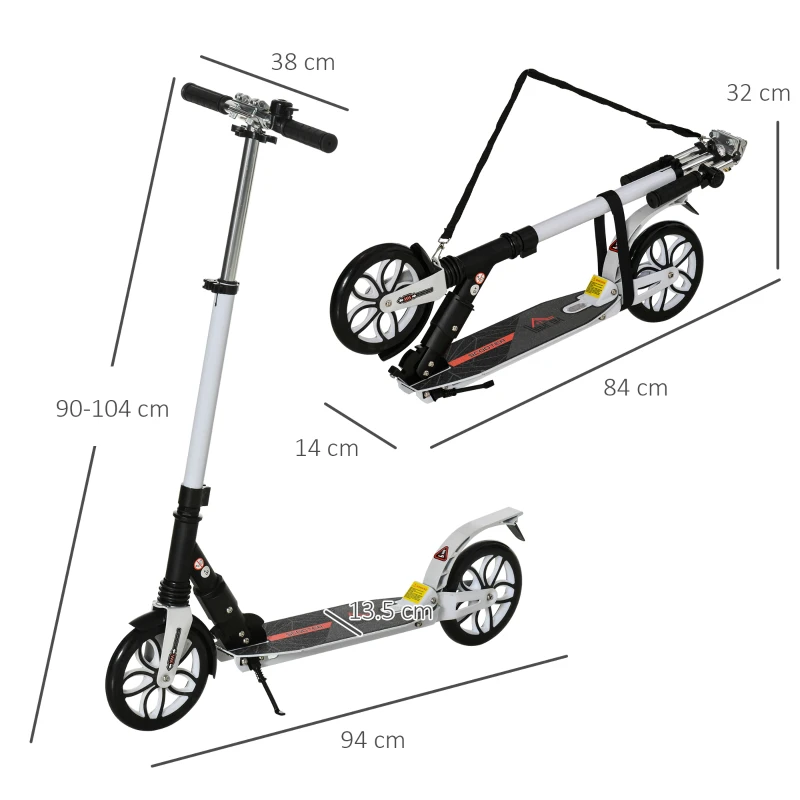 HOMCOM Folding Kick Scooter, Height-Adjustable Urban Scooter w/ Rear Brake, Double Shock Absorption System, Warning Bell & 2 Big Wheels, For 14+ Teens Adult, White