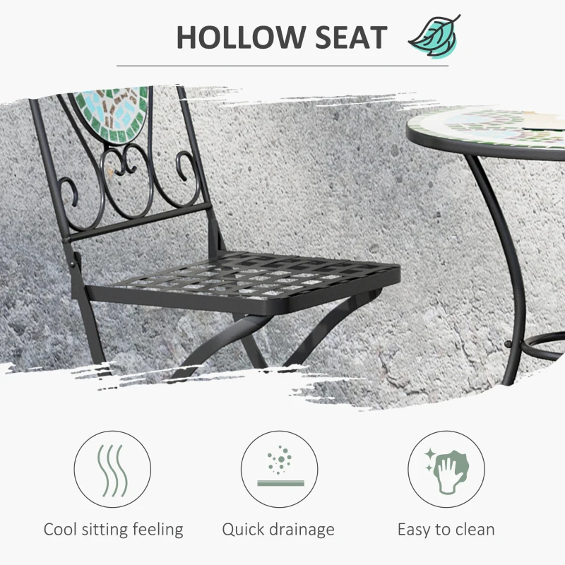 Outsunny 3PCs Bistro Set, Outdoor Metal Frame Mosaic Decoration Garden Table and Chair Set, Patio Folding Chairs Furniture Set