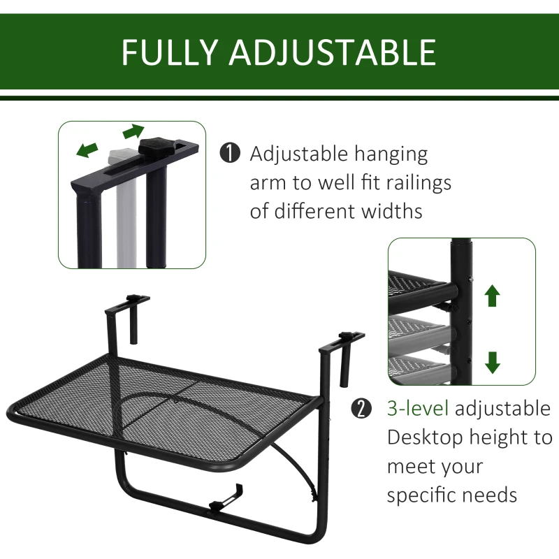 Outsunny Adjustable Balcony Hanging Rail Table Mini Wall Desk Drink Holer - Black