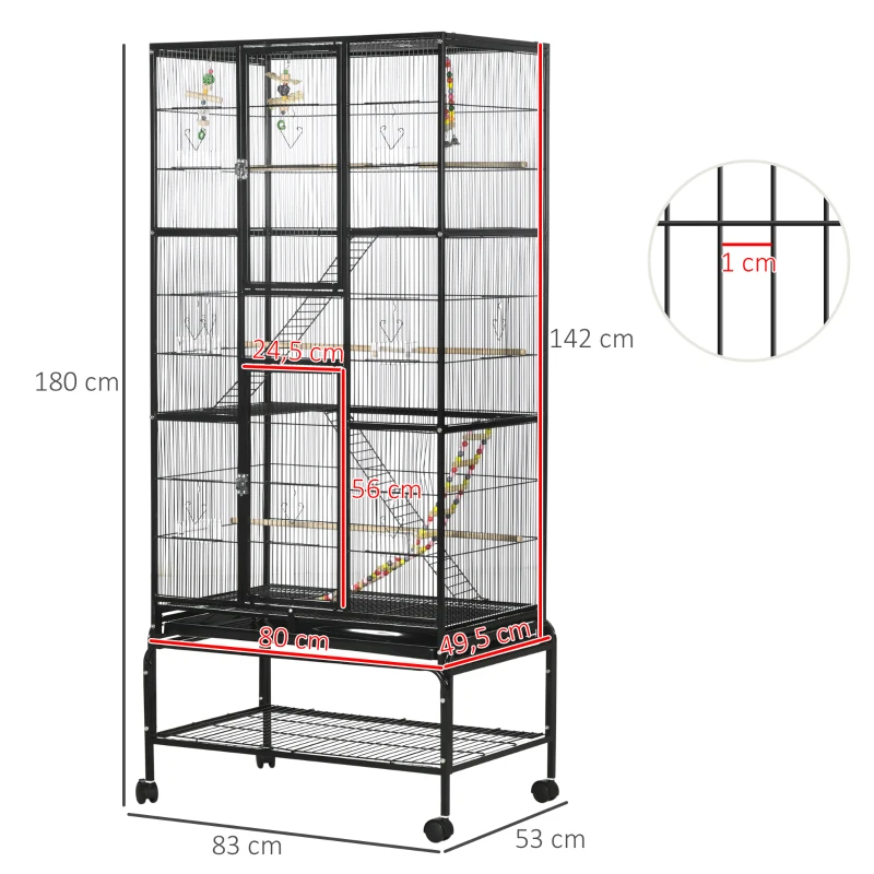 PawHut Gaiola para Pássaros com Rodas de 3 Níveis com 3 Poleiros Comedouros Brinquedos Rampas e Prateleira 83x53x180 cm Preto