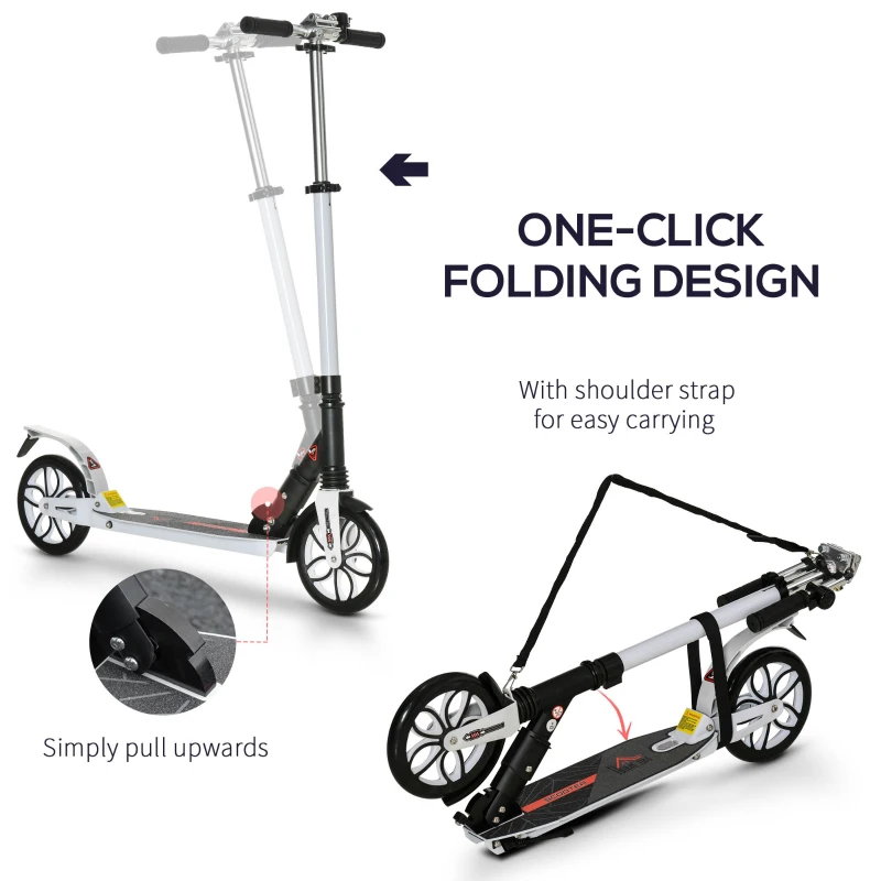 HOMCOM Folding Kick Scooter, Height-Adjustable Urban Scooter w/ Rear Brake, Double Shock Absorption System, Warning Bell & 2 Big Wheels, For 14+ Teens Adult, White