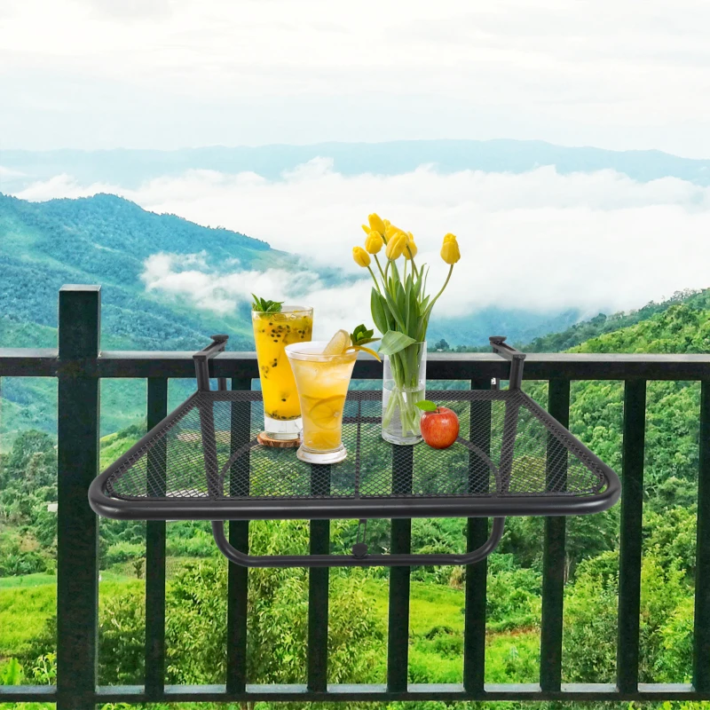 Outsunny Adjustable Balcony Hanging Rail Table Mini Wall Desk Drink Holer - Black