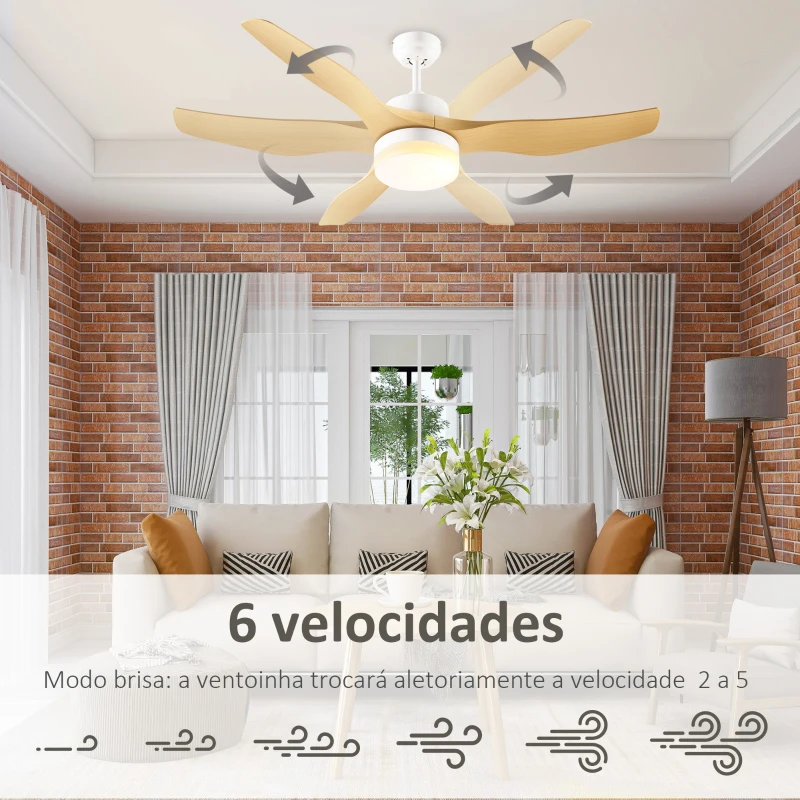 HOMCOM Ventoinha de Teto 20,5W Diâmetro 132cm com Luz LED Ajustável 3 Lâminas Reversíveis 6 Velocidades e Temporizador Madeira