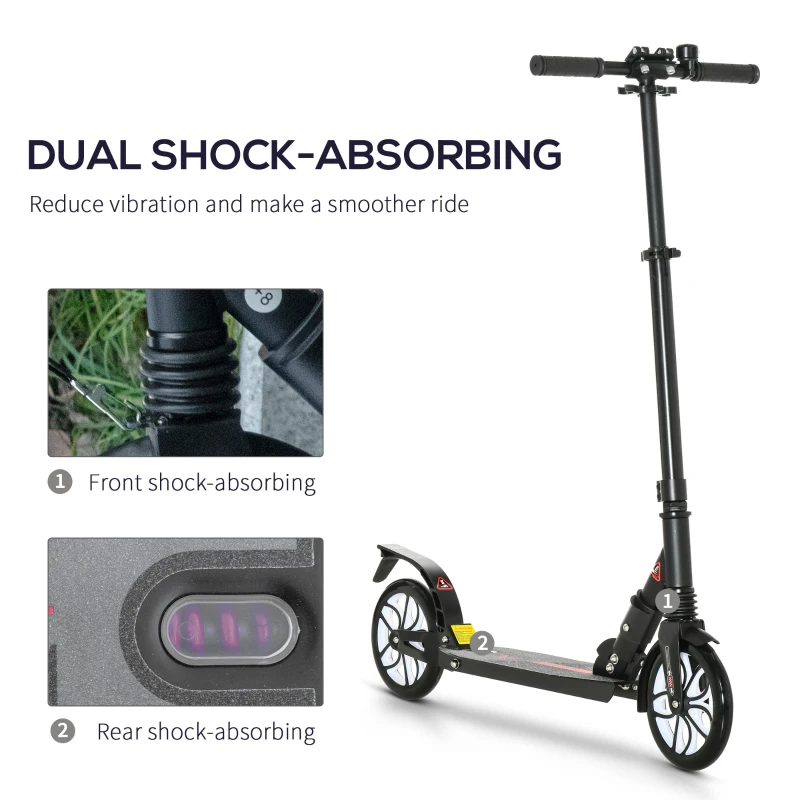 HOMCOM Folding Kick Scooter, Height-Adjustable Urban Scooter w/ Rear Brake, Double Shock Absorption System, Warning Bell & 2 Big Wheels, For 14+ Teens Adults, Black