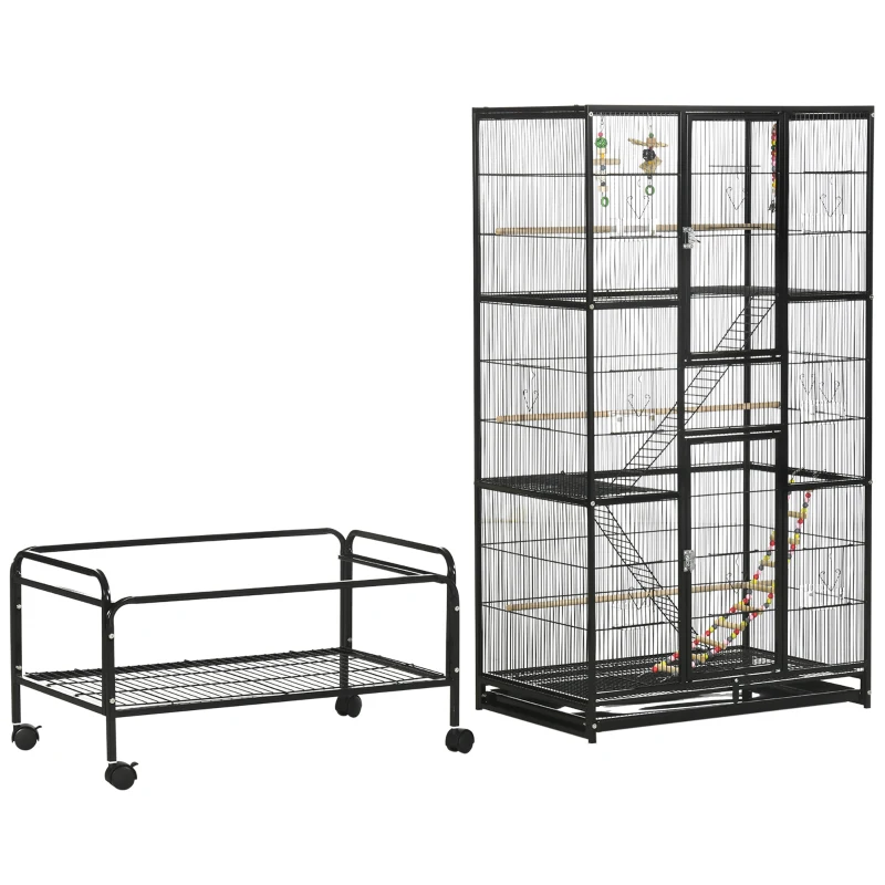 PawHut Gaiola para Pássaros com Rodas de 3 Níveis com 3 Poleiros Comedouros Brinquedos Rampas e Prateleira 83x53x180 cm Preto