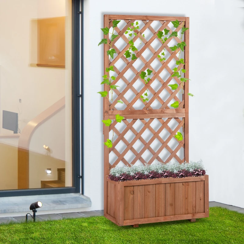Outsunny Raised Garden Bed, Wooden Planter Box with Trellis for Climbing Plants Flowers, 72.5 x 31.5 x 150cm, Natural