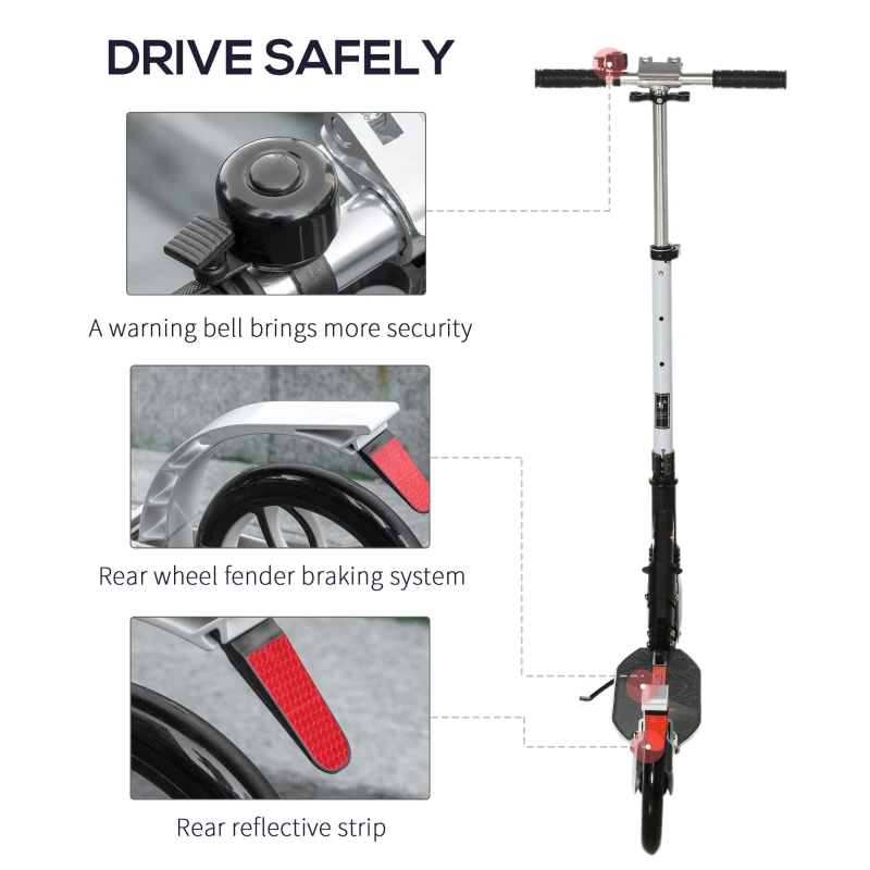 HOMCOM Folding Kick Scooter, Height-Adjustable Urban Scooter w/ Rear Brake, Double Shock Absorption System, Warning Bell & 2 Big Wheels, For 14+ Teens Adult, White