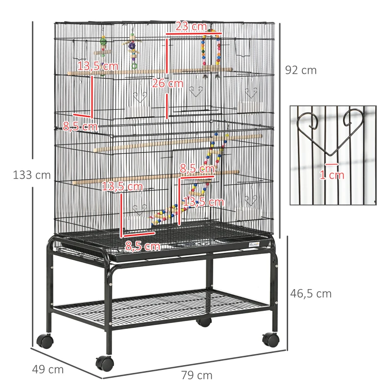 PawHut Gaiola para Pássaros com Rodas com 4 Comedouros 3 Poleiros Brinquedos Bandeja Amovível e Prateleira 79x49x133 cm Preto