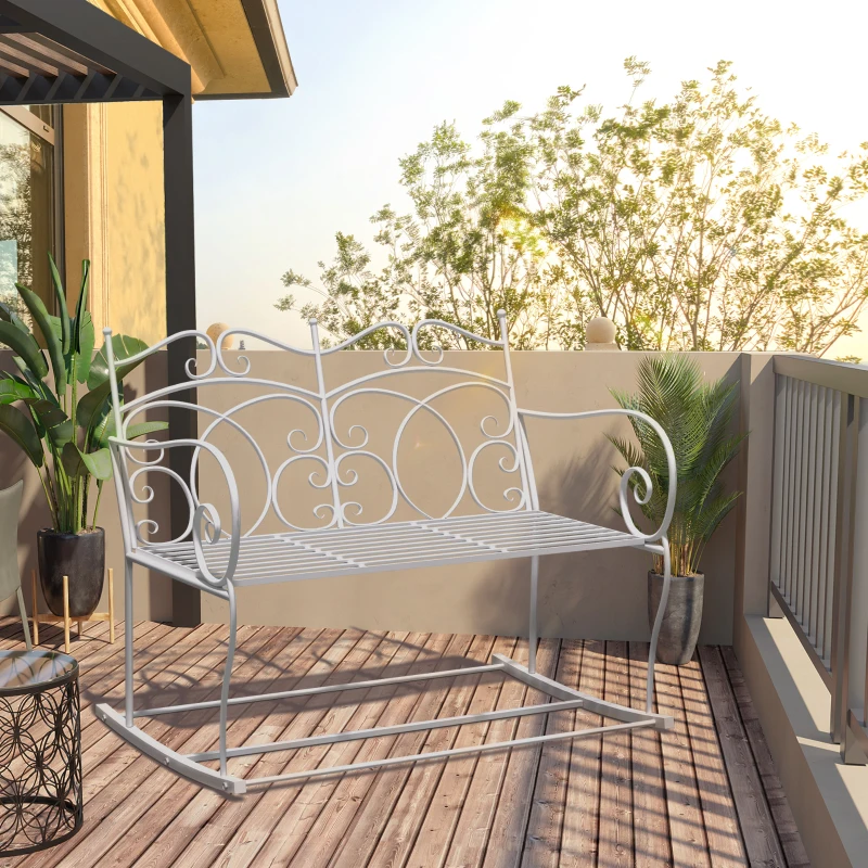 Outsunny 2-Seater Iron Rocking Chair Garden Loveseat Bench for Patio Porch Balcony Milk White