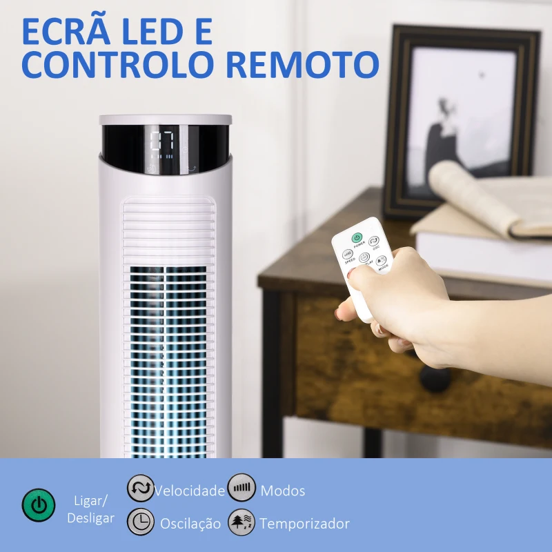 HOMCOM Ventoinha de Coluna 45 W com Oscilação Controlo Remoto Temporizador de 12h 3 Velocidades 3 Modos Ø31,5x93 cm Branco