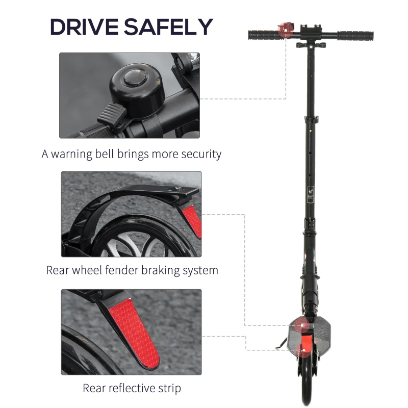 HOMCOM Folding Kick Scooter, Height-Adjustable Urban Scooter w/ Rear Brake, Double Shock Absorption System, Warning Bell & 2 Big Wheels, For 14+ Teens Adults, Black